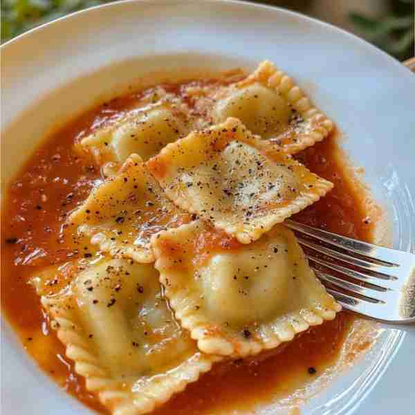 Cheesy Ravioli in Rich Tomato Sauce A comforting plate of tender cheese-filled ravioli smothered in...