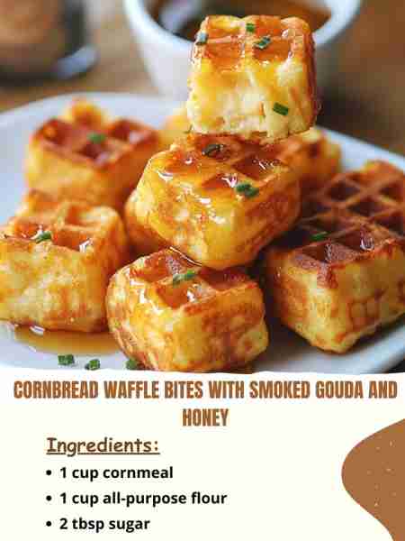 Cornbread Waffle Bites with Smoked Gouda and Honey Ingredients: 1 cup cornmeal 1 cup all-purpose flo...
