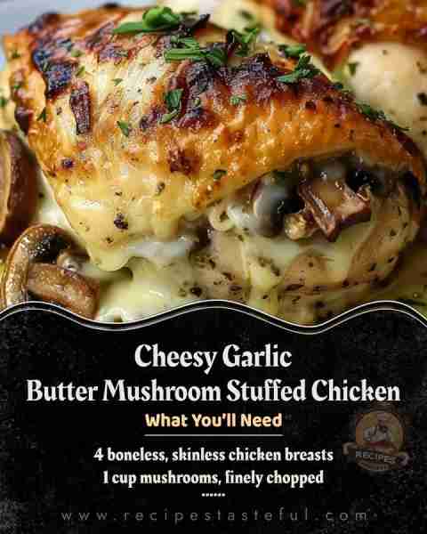 Cheesy Garlic Butter Mushroom Stuffed Chicken that’s sure to impress! 🍽️🌿 Ingredients: 4 boneless,...