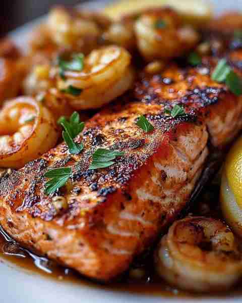 Combination of grilled salmon and shrimp with a garnish of fresh parsley and lemon. Ingredients: 2...