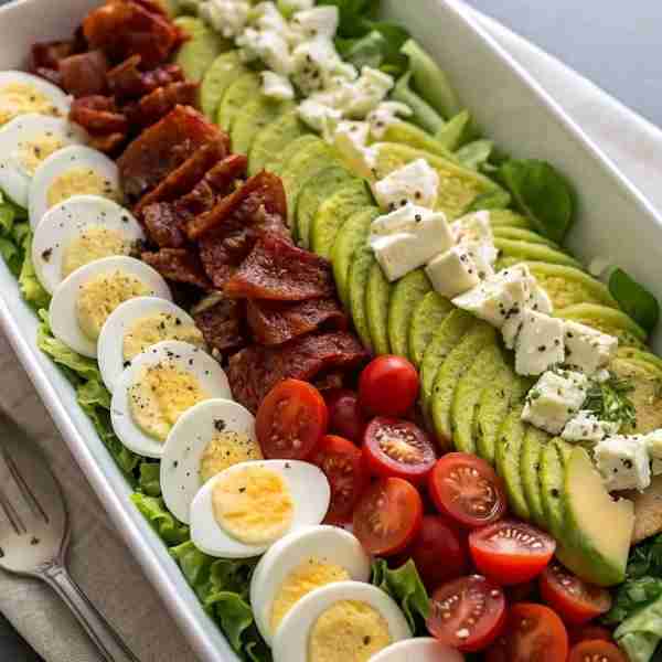 Avocado Egg Cobb Salad 🥑🥚🥓 Ingredients: 🥬 Fresh lettuce leaves 🥚 4 boiled eggs, sliced 🥓 4 str...