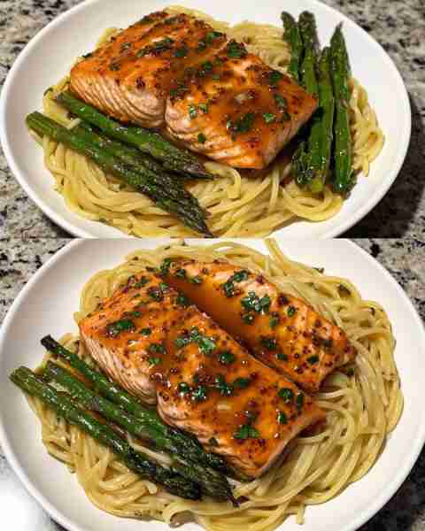 Honey Mustard Salmon with Asparagus Pasta Seared Honey Mustard Salmon over Creamy Asparagus Penne In...