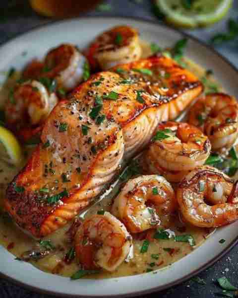 Garlic Butter Salmon & Shrimp Deliciously rich and zesty! 🧈🐟🍤🍋 --- Ingredients: Main: 1 salmon f...