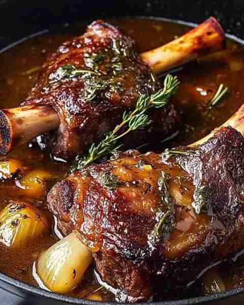 Braised Lamb Shanks in Herb Gravy 🍖🌿🔥 Ingredients: 2 lamb shanks Salt & pepper to taste 2 tbsp ol...