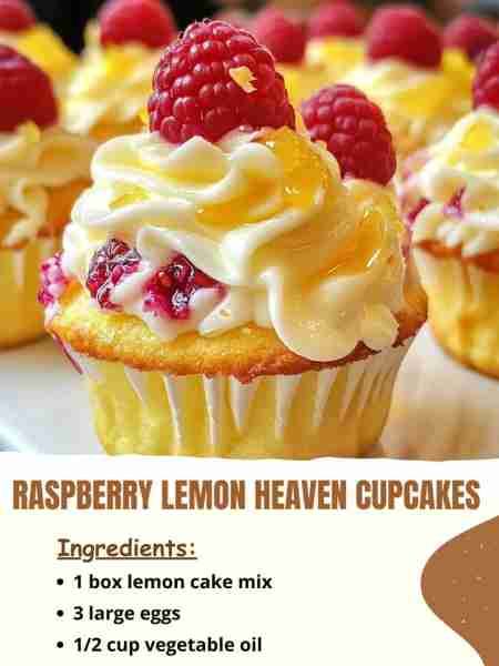 Raspberry Lemon Heaven Cupcakes Ingredients: 1 box lemon cake mix 3 large eggs 1/2 cup vegetable oi...
