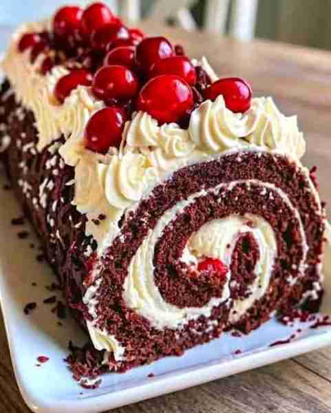BLACK FOREST CREAM ROLL CAKE Ingredients: For the Chocolate Sponge: ¾ cup all-purpose flour ¼ cup un...