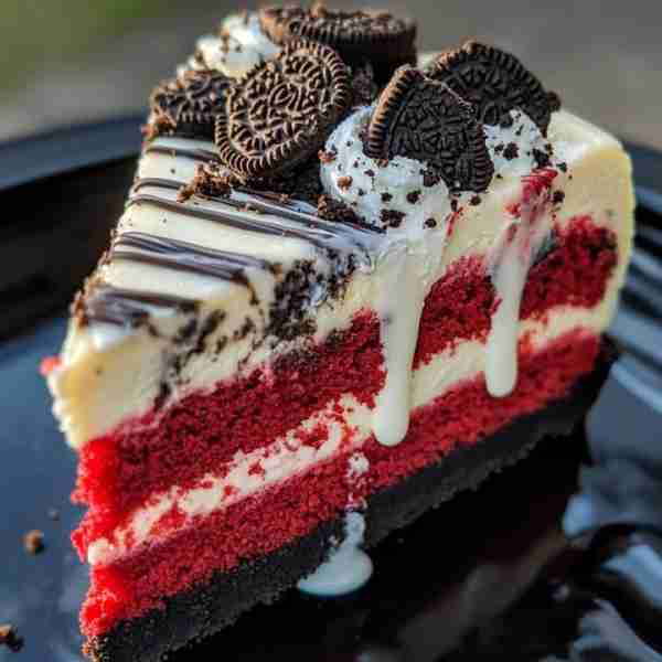 Oreo Red Velvet Cheesecake Recipe 🍰✨ Layers of rich red velvet, creamy cheesecake, and crunchy Ore...