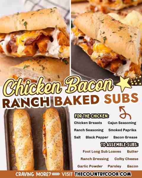 Chicken Bacon Ranch Baked Subs are loaded with perfectly seasoned bites of chicken, crispy bacon, go...