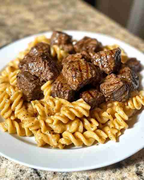 Crockpot Steak Bites and Pasta in Cheesy Cream Sauce Ingredients: 2 lbs (900g) sirloin steak, cut i...