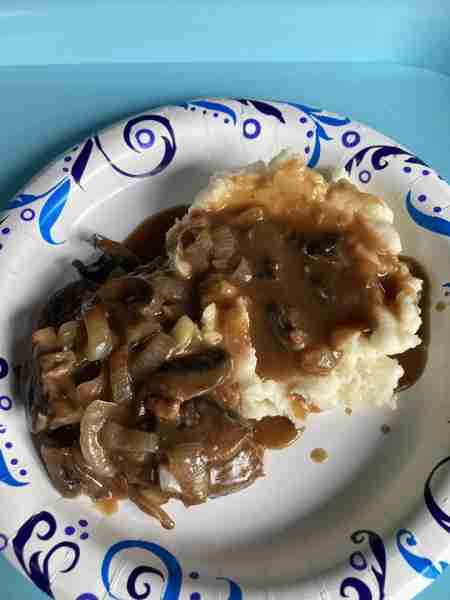 Hamburger patties smothered in onions, mushrooms, & brown gravy. My mother used to make this, withou...