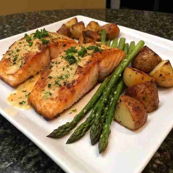 Garlic Butter Salmon with Roasted Potatoes & Asparagus Ingredients: For the Salmon: 2 salmon fillets...