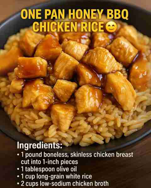 One Pan Honey BBQ Chicken Rice! 🍯🍗 🔸 4 boneless, skinless chicken breasts 🔸 1 cup long-grain whi...