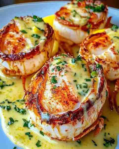 Seared Lobster Tails with Garlic Butter Sauce 🍋✨ A decadent seafood dish with perfectly seared lob...