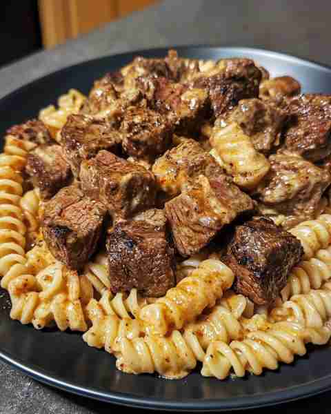 Cajun Cheesy Steak Bites and Rotini Pasta Ingredients: 2 lbs sirloin steak, cut into bite-sized pie...