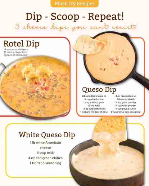 Three cheese dips that you can't resist! Ingredients 1. Rotel Dip 16 ounces Velveeta 10 ounce can Ro...