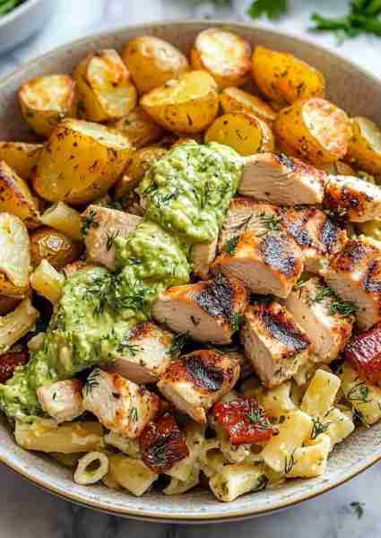 🥑 Greek Chicken Alfredo with Avocado-Lemon Pesto Sauce is creamy, vibrant, and absolutely irresisti...