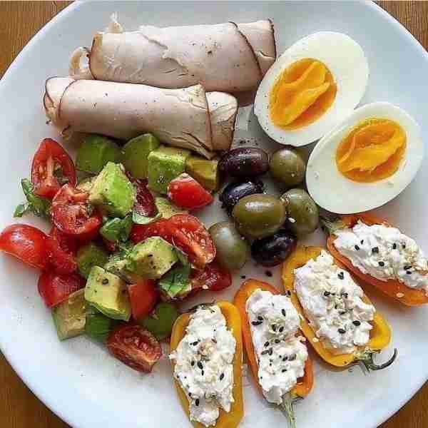 Delicious 🤤Simple Snack Plate 🥑🥚🍲 . - Mini peppers stuffed with dairy free almond cream cheese a...