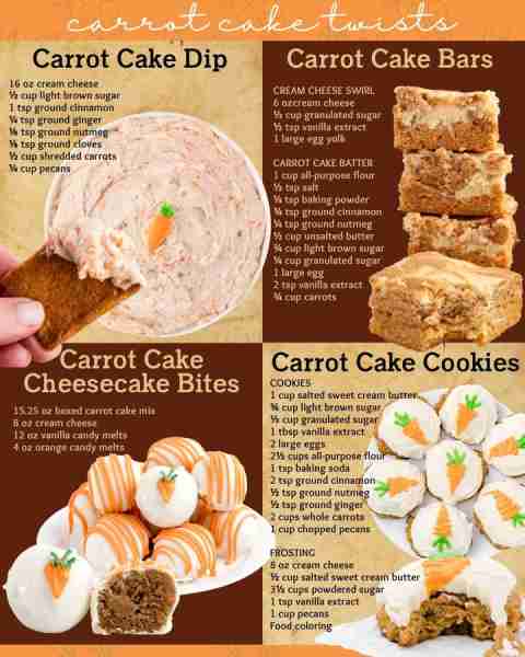 FUN CARROT CAKE TWISTS! CARROT CAKE DIP: 16 oz cream cheese ½ cup light brown sugar 1 tsp ground cin...