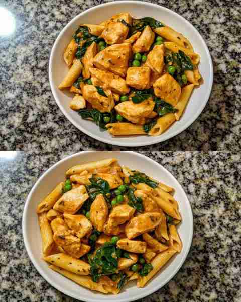 Curry Chicken Pasta with Spinach and Peas Creamy Curry-Spiced Chicken Penne with Baby Spinach and Sw...