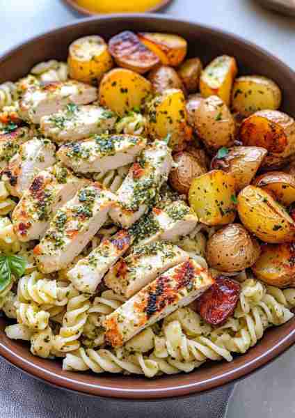 🇬🇷🌿🐔 Crispy Greek Chicken Alfredo with Spicy Basil Honey Sauce and Garlic & Herb Roasted Potatoes—...