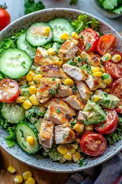 Grilled Chicken Salad Bowl 🥗🍗🥒🍅🥑🌽 Ingredients: Grilled chicken breast, sliced 🍗 Romaine lettu...