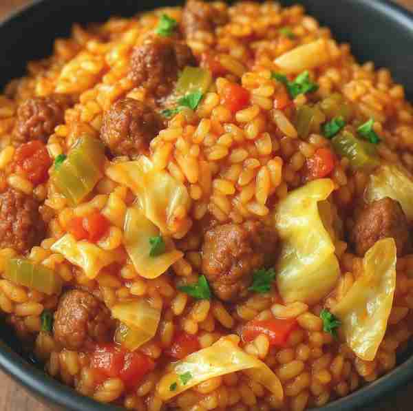 One-Pot Cabbage Roll Rice 🥬🍚 Ingredients: 1 lb ground beef or meatballs 1 cup uncooked rice 2 cups...