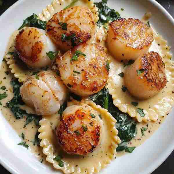Cheese Ravioli with Creamy Spinach Sauce, Seared Scallops & Charred Shrimp Ingredients: For the Ravi...