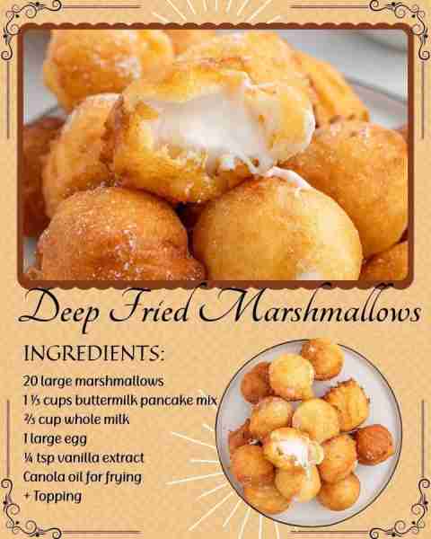 DEEP FRIED MARSHMALLOWS! 20 large marshmallows 1 ⅓ cups buttermilk pancake mix ⅔ cup whole milk 1 la...
