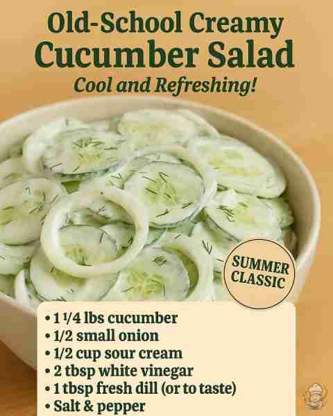 Old-School Creamy Cucumber Salad Cool, creamy, and always a hit at BBQs! 🌿 Ingredients: • 2 Large C...