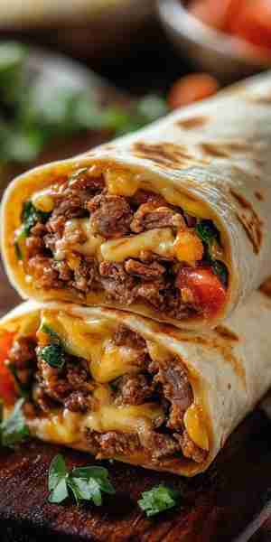 Cheesy beef burrito Ingredients: For the Beef Filling: 1 lb ground beef 1 tablespoon olive oil 1 sma...