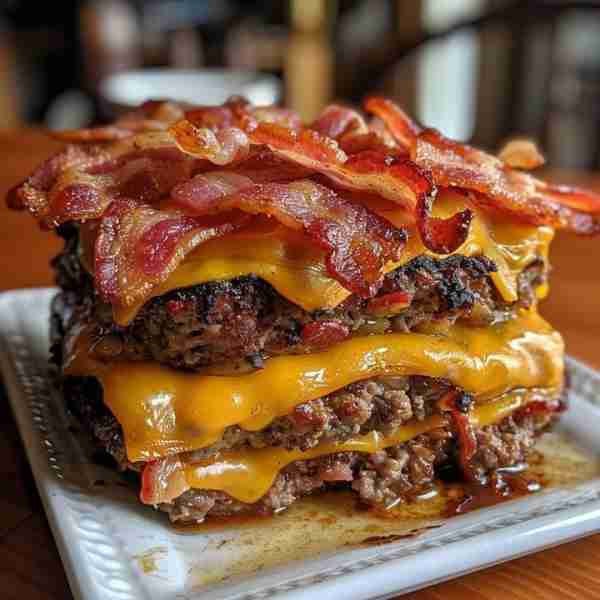 Stacked bacon cheeseburger-style dish! Ingredients: For the Meat Layers: 2 lbs ground beef (or a mi...