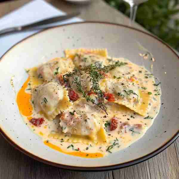 Crab Ravioli in Creamy Sun-Dried Tomato Sauce Ingredients: For the Ravioli (or use store-bought if p...