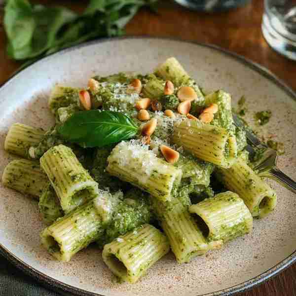 Creamy Pesto Rigatoni with Pine Nuts Ingredients: 12 oz rigatoni pasta 1/2 cup basil pesto (homemade...