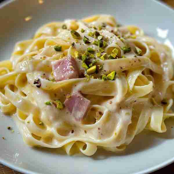 Creamy Fettuccine with Ham and Pistachios Ingredients: 12 oz fresh fettuccine pasta (or 1 package of...