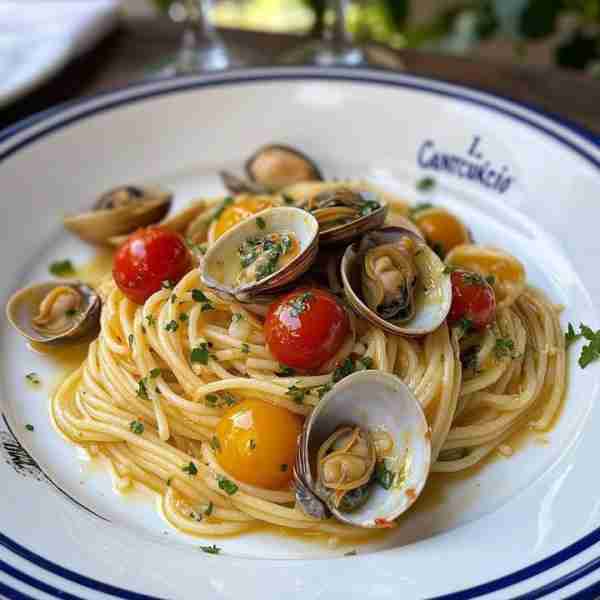 Spaghetti alle Vongole with Cherry Tomatoes A rustic Italian classic with briny clams, colorful toma...