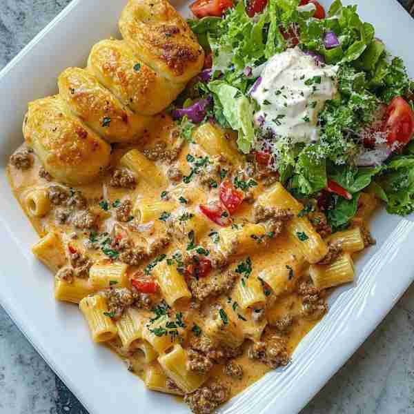Creamy Beef Rigatoni with Garlic Knots and Caesar Side Salad 🍽️ A satisfying, crowd-pleasing trio pe...