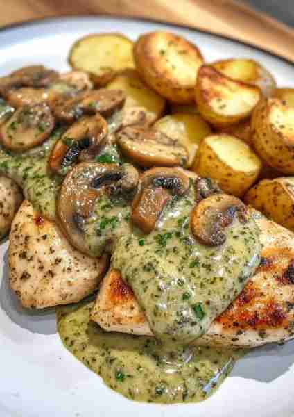 🍄🌿 Creamy Garlic Mushroom Chicken & Roasted Potatoes with Basil Pesto is pure cozy comfort! Tender...