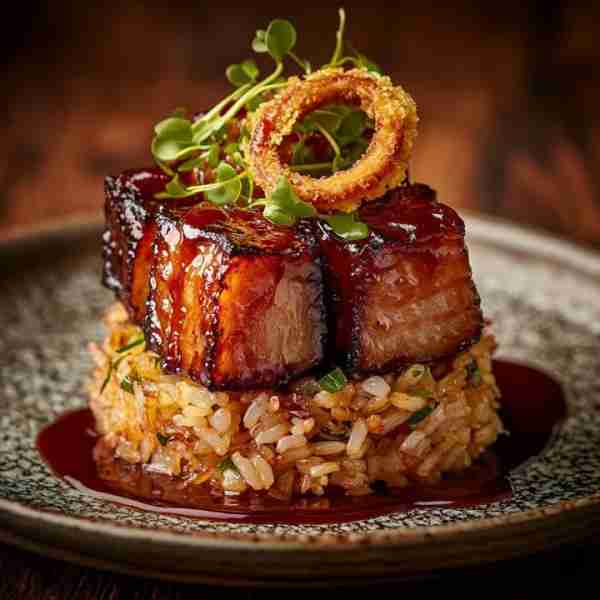 Roasted Pork Belly with Bourbon-Peach Sauce, Fried Rice Roasted Pork Belly : 1.5–2 lbs pork belly, s...