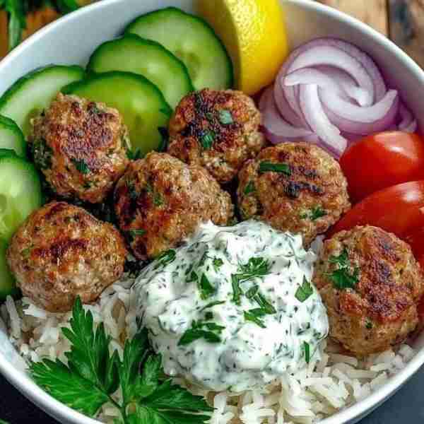 Greek Meatball Bowl with Tzatziki, Rice & Fresh Veggies 🥙🍚🥗✨ Prep Time: 20 minutes Cook Time: 25...