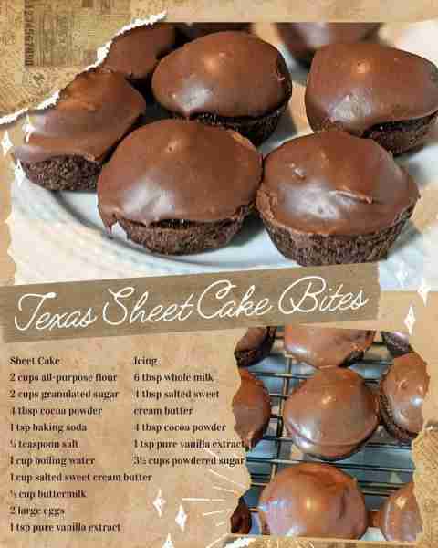 TEXAS SHEET CAKE BITES!! Sheet Cake 2 cups all-purpose flour 2 cups granulated sugar 4 tbsp cocoa po...
