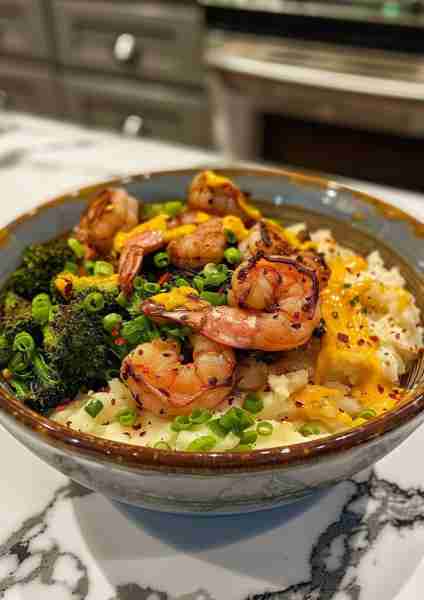 🍤🥦🥔 Garlic Butter Shrimp Bowl with Roasted Broccoli & Creamy Mashed Potatoes—a delightful and fla...