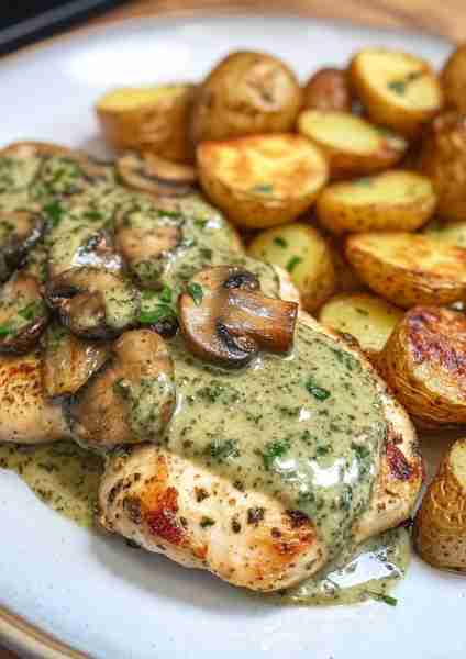 🌿🍄🐔 Creamy Garlic Mushroom Chicken & Roasted Potatoes with Basil Pesto—a delightful dish that mar...