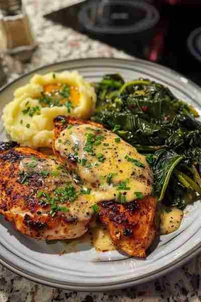 ⚫🌿🐔 Blackened Chicken Crowned with Melted Cheese over Creamy Collard Greens, Alongside Buttery Ga...