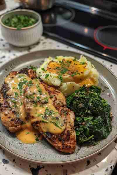 ⚫🌿🐔 Blackened Chicken with Cheesy Collard Greens & Garlic Mashed Potatoes—a Southern-inspired pla...