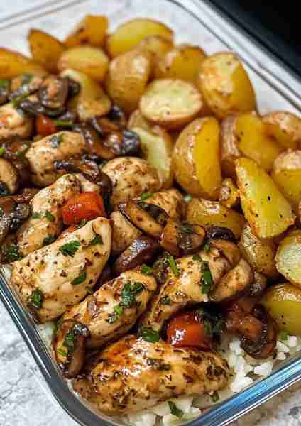 🍄🌿🐔 Creamy Mushroom Garlic Greek Chicken Alfredo with Crispy Rosemary Roasted Potatoes—a Mediterr...