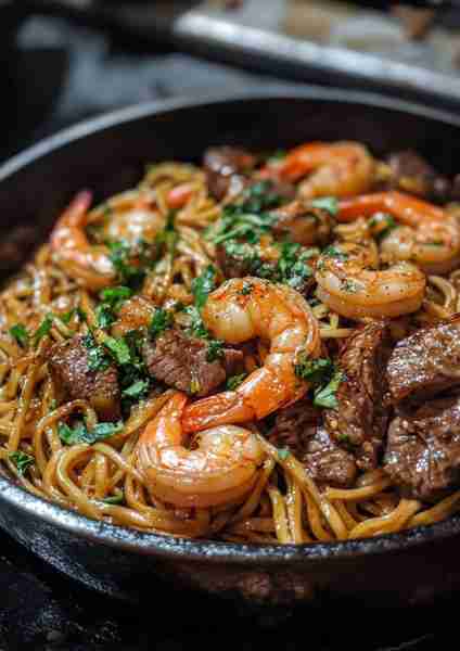 🍤🥩🍜 Garlic Butter Steak and Shrimp Stir-Fried Noodles—a luxurious and flavorful dish combining te...