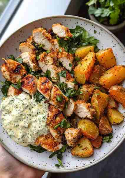 🌶️🇬🇷🐔 Greek Chicken Alfredo with Creamy Spicy Feta Sauce and Crispy Oregano-Roasted Potatoes—a Medi...