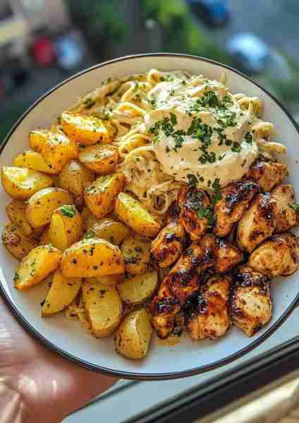 🍯🌿🐔 Greek Hot Honey Mustard Chicken Alfredo & Crispy Potatoes—a Mediterranean-inspired dish with...