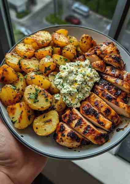 🔥🌿🐔 Garlic Chicken & Crispy Potatoes with Creamy Spicy Feta Pesto—a Mediterranean-inspired dish w...