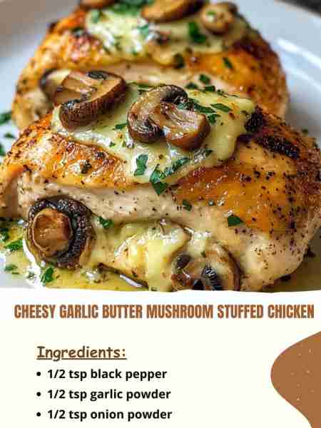 Cheesy Garlic Butter Mushroom Stuffed Chicken Ingredients: 1/2 tsp black pepper 1/2 tsp garlic powd...